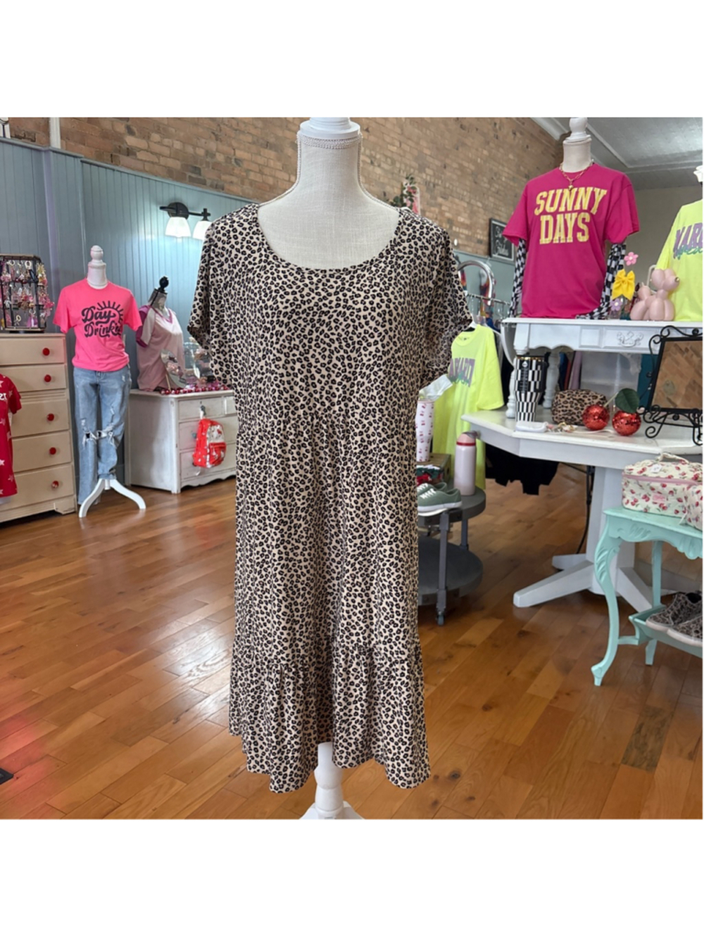 Planet Gold Plus 2X Tan Black Leopard Print Tiered Dress